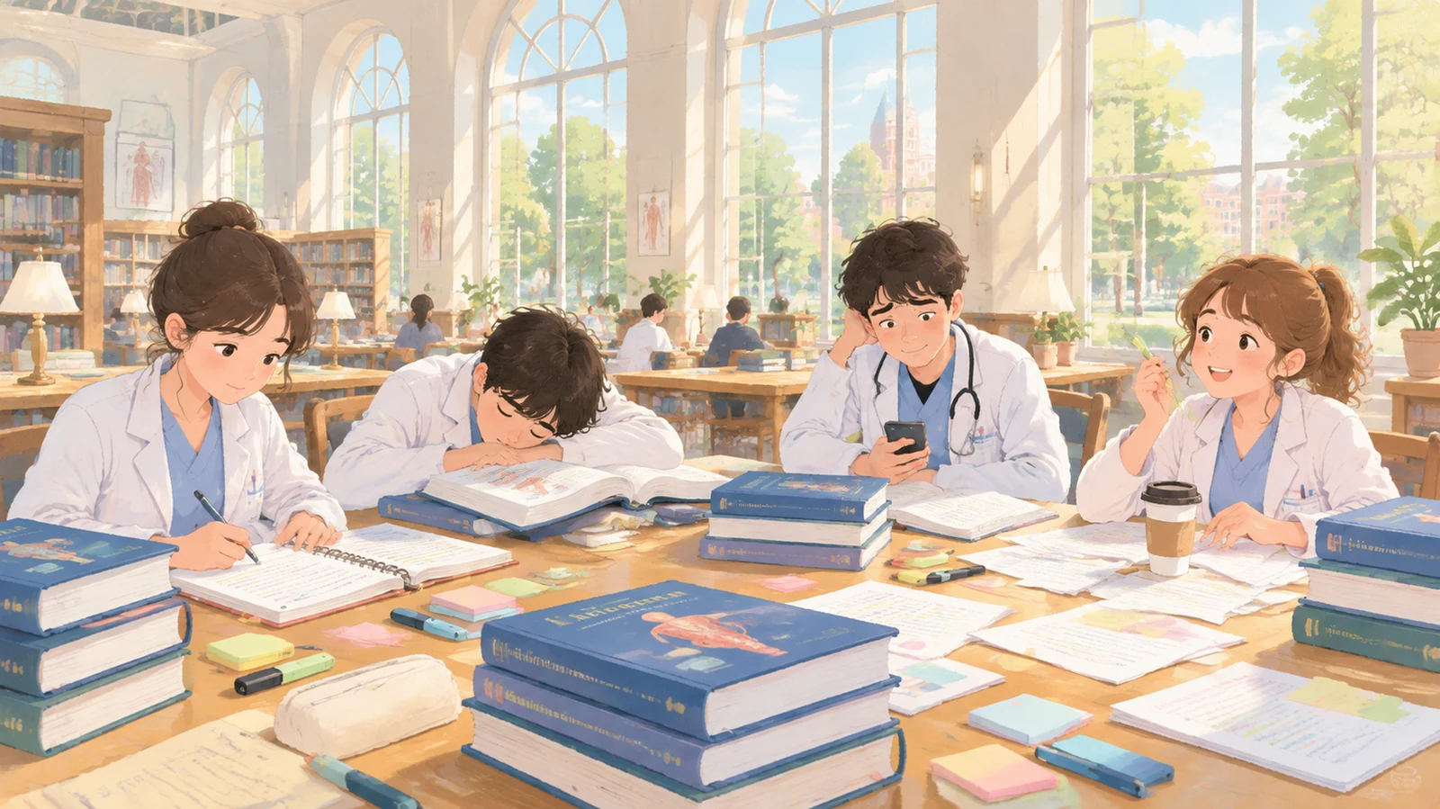 卡通化期末复习图书馆与四种学习状态的学生